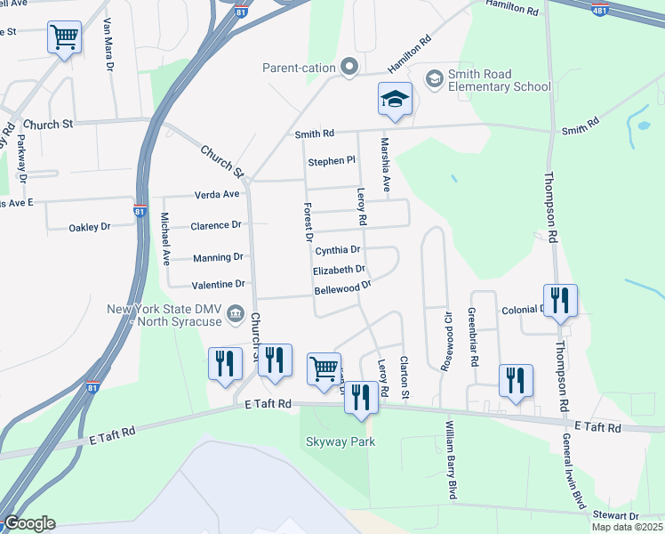 map of restaurants, bars, coffee shops, grocery stores, and more near 206 Bellewood Drive in North Syracuse