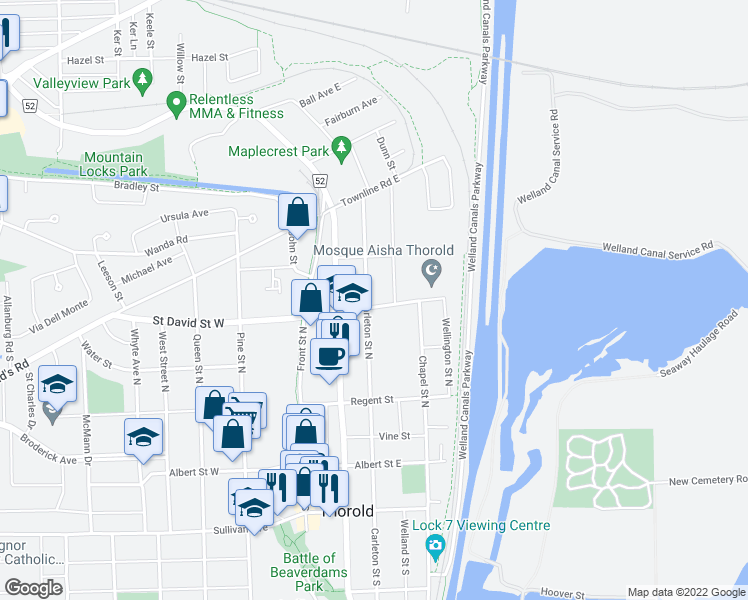 map of restaurants, bars, coffee shops, grocery stores, and more near 88 Carleton Street North in Thorold