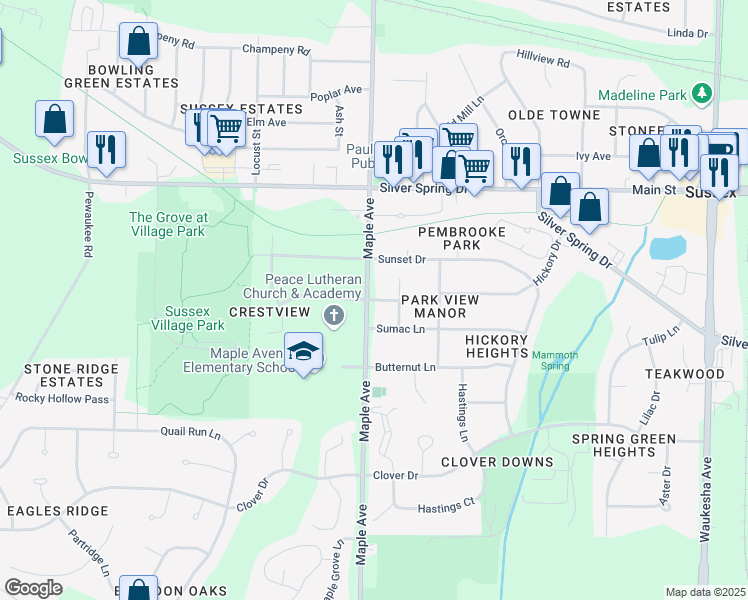 map of restaurants, bars, coffee shops, grocery stores, and more near Maple Avenue in Sussex