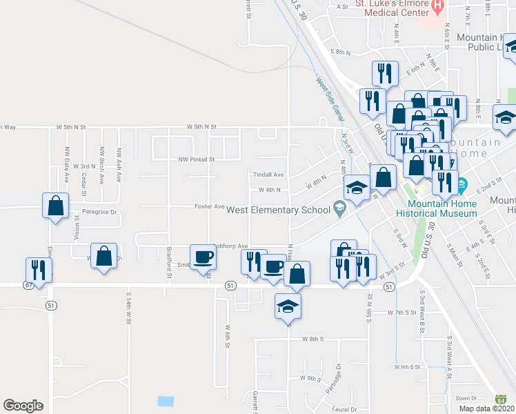 map of restaurants, bars, coffee shops, grocery stores, and more near 924 Foster Avenue in Mountain Home