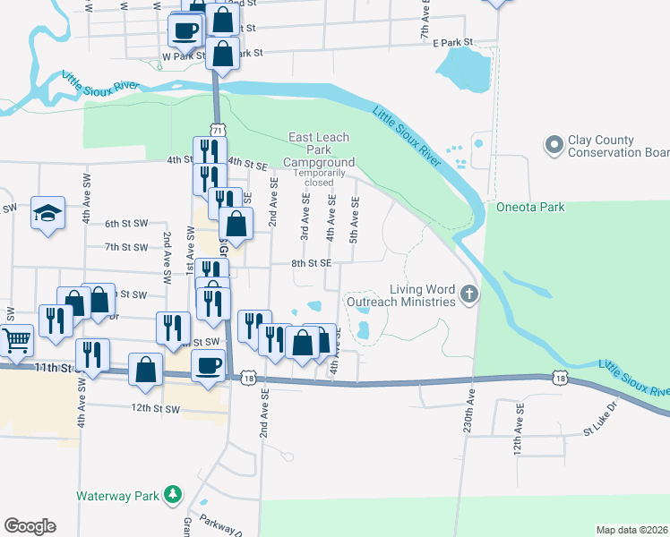 map of restaurants, bars, coffee shops, grocery stores, and more near 711 4th Avenue Southeast in Spencer