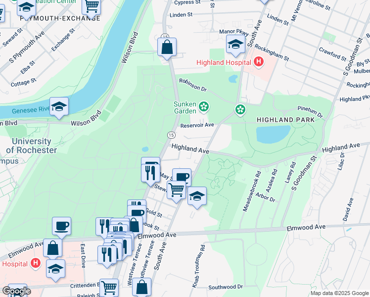 map of restaurants, bars, coffee shops, grocery stores, and more near 77 Pavilion Street in Rochester