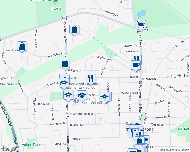 map of restaurants, bars, coffee shops, grocery stores, and more near 6635 Riall Street in Niagara Falls