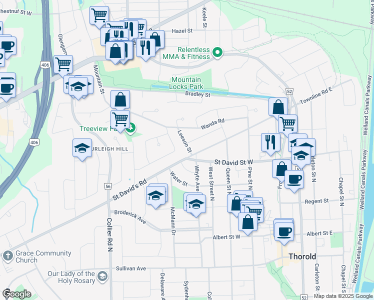map of restaurants, bars, coffee shops, grocery stores, and more near 5 Leeson Street in Saint Catharines
