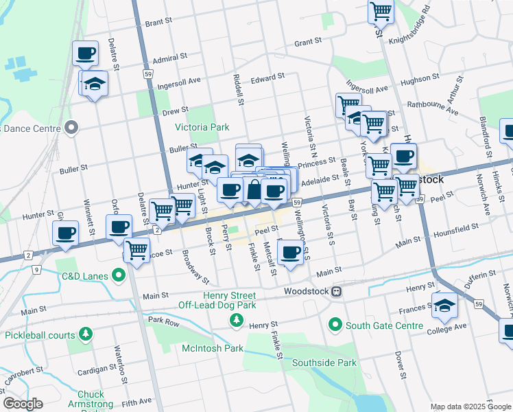 map of restaurants, bars, coffee shops, grocery stores, and more near 475 Dundas Street in Woodstock
