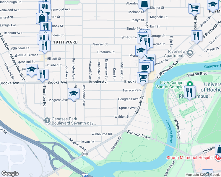 map of restaurants, bars, coffee shops, grocery stores, and more near 170 Terrace Park in Rochester