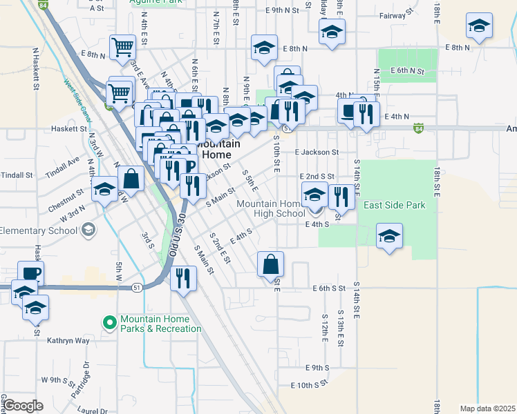 map of restaurants, bars, coffee shops, grocery stores, and more near 245 South 5th East in Mountain Home