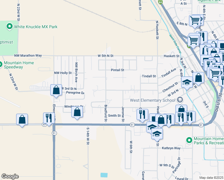 map of restaurants, bars, coffee shops, grocery stores, and more near 433 Northwest Jerome Avenue in Mountain Home