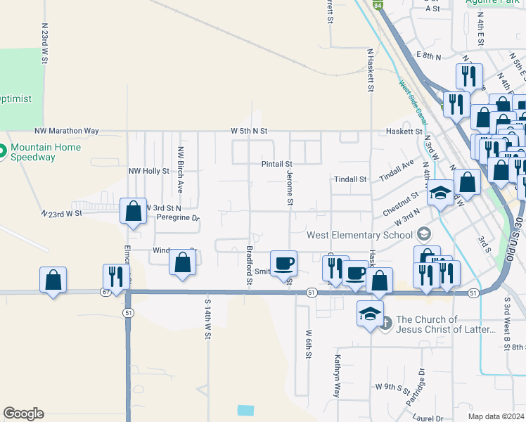 map of restaurants, bars, coffee shops, grocery stores, and more near 433 Northwest Jerome Avenue in Mountain Home