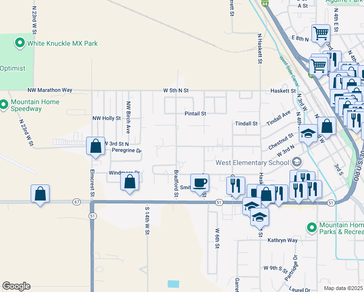 map of restaurants, bars, coffee shops, grocery stores, and more near 415 Northwest Bradford Avenue in Mountain Home