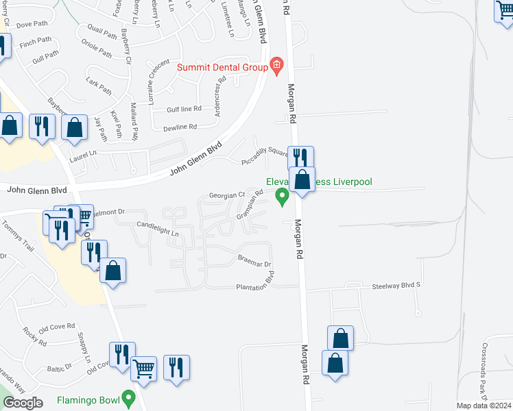 map of restaurants, bars, coffee shops, grocery stores, and more near 103 Grampian Road in Liverpool