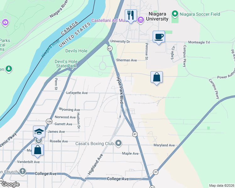map of restaurants, bars, coffee shops, grocery stores, and more near 1736 Lafayette Avenue in Lewiston