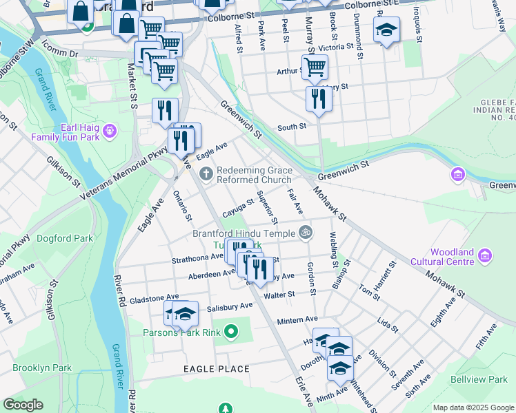 map of restaurants, bars, coffee shops, grocery stores, and more near 58 Cayuga Street in Brantford