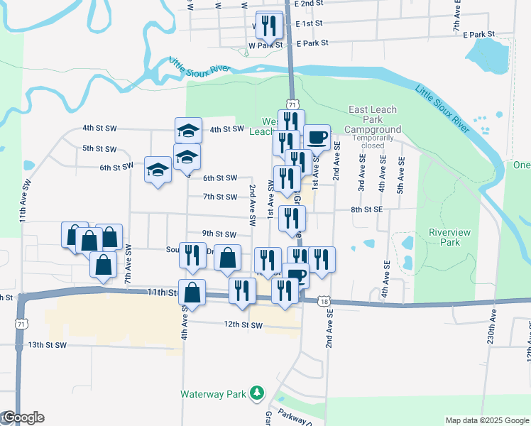 map of restaurants, bars, coffee shops, grocery stores, and more near 622 2nd Avenue Southwest in Spencer