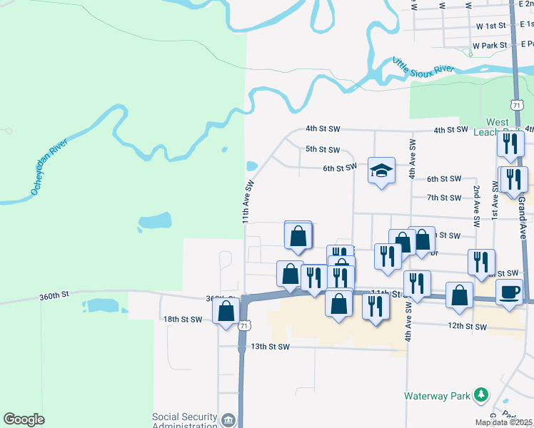 map of restaurants, bars, coffee shops, grocery stores, and more near 715 11th Avenue Southwest in Spencer