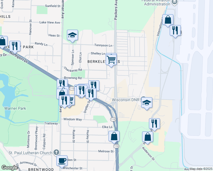 map of restaurants, bars, coffee shops, grocery stores, and more near 2034 Londonderry Drive in Madison