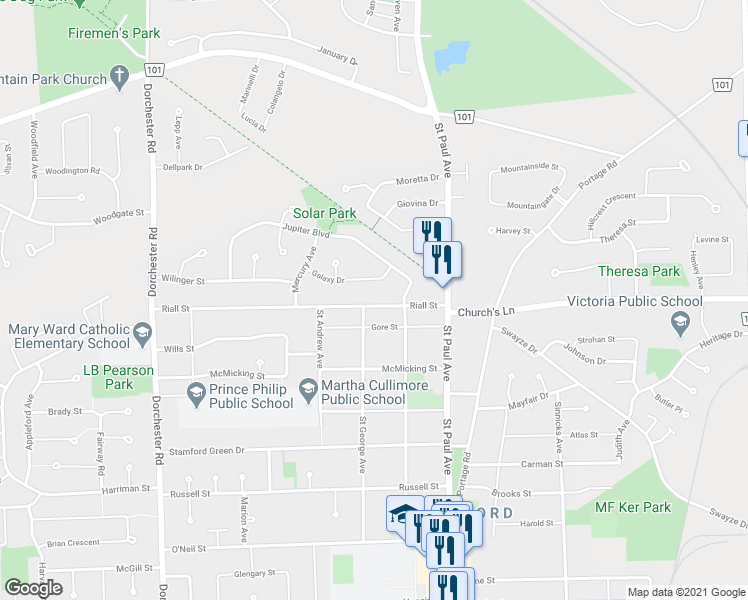 map of restaurants, bars, coffee shops, grocery stores, and more near 6387 Riall Street in Niagara Falls