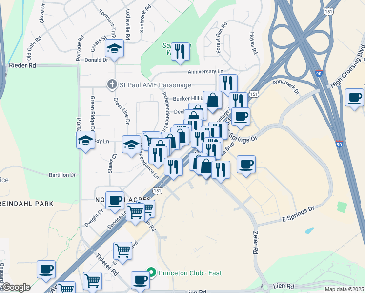 map of restaurants, bars, coffee shops, grocery stores, and more near 4614 East Washington Avenue in Madison
