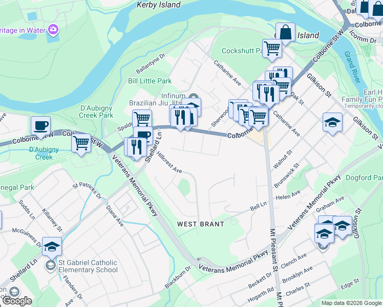 map of restaurants, bars, coffee shops, grocery stores, and more near 9 Dryden Street in Brantford
