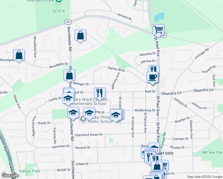 map of restaurants, bars, coffee shops, grocery stores, and more near 6635 Riall Street in Niagara Falls