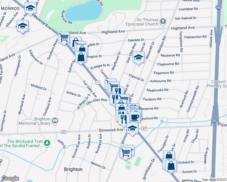 map of restaurants, bars, coffee shops, grocery stores, and more near 285 Glen Ellyn Way in Rochester