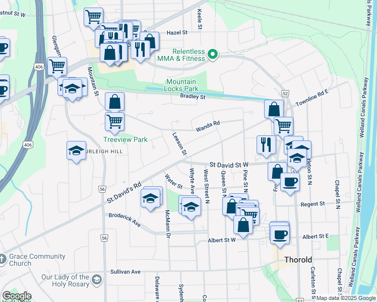 map of restaurants, bars, coffee shops, grocery stores, and more near 6 Leeson Street in St. Catharines