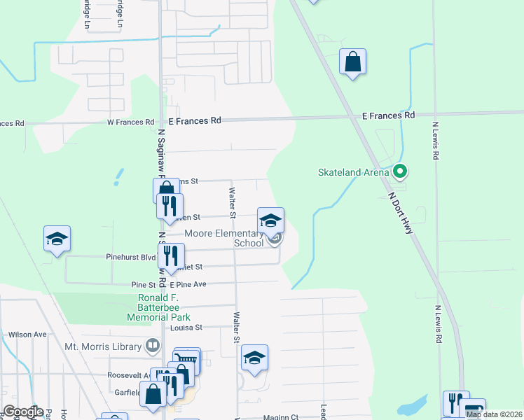 map of restaurants, bars, coffee shops, grocery stores, and more near 1175 Haven Street in Mount Morris