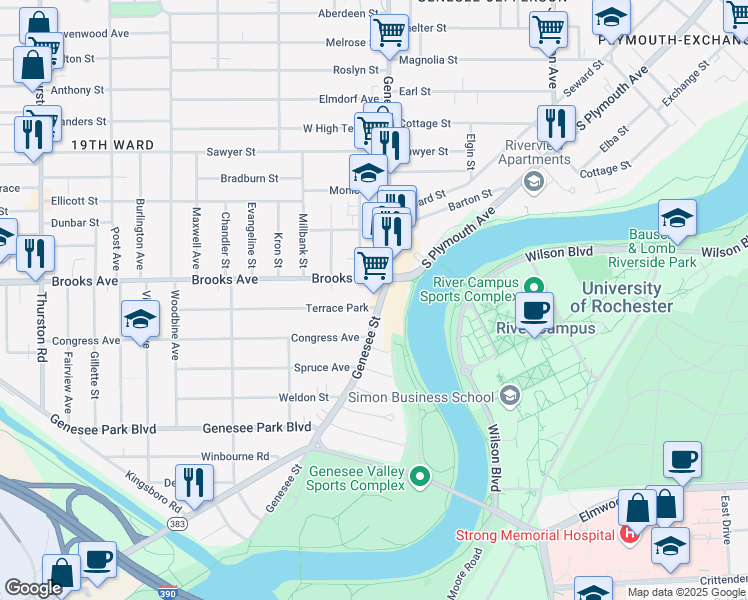 map of restaurants, bars, coffee shops, grocery stores, and more near in Rochester