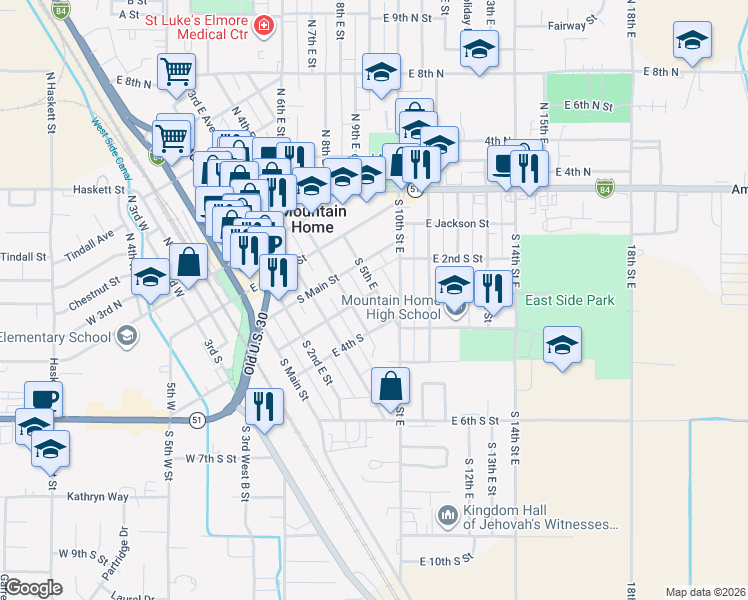 map of restaurants, bars, coffee shops, grocery stores, and more near 245 South 5th East in Mountain Home