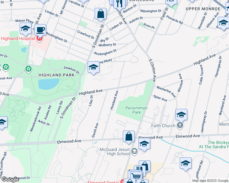 map of restaurants, bars, coffee shops, grocery stores, and more near 661 Highland Avenue in Rochester
