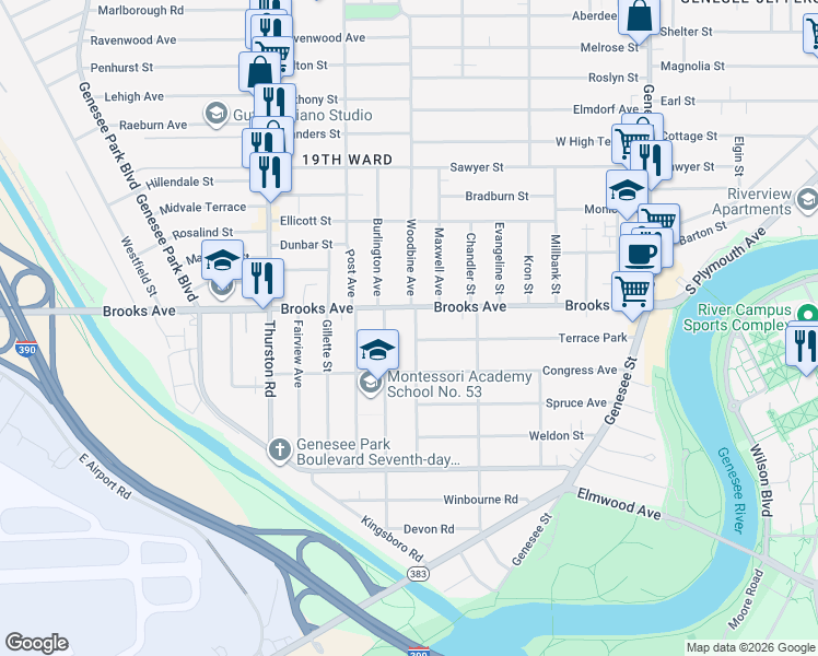 map of restaurants, bars, coffee shops, grocery stores, and more near 799 Woodbine Avenue in Rochester