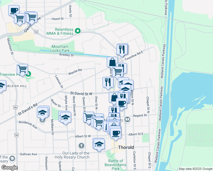 map of restaurants, bars, coffee shops, grocery stores, and more near 11 Conlon Crescent in Thorold