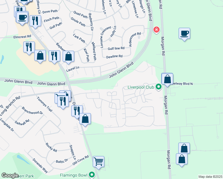 map of restaurants, bars, coffee shops, grocery stores, and more near 1-99 Candleflame Court in Liverpool