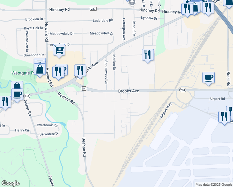 map of restaurants, bars, coffee shops, grocery stores, and more near 1680 Brooks Avenue in Rochester