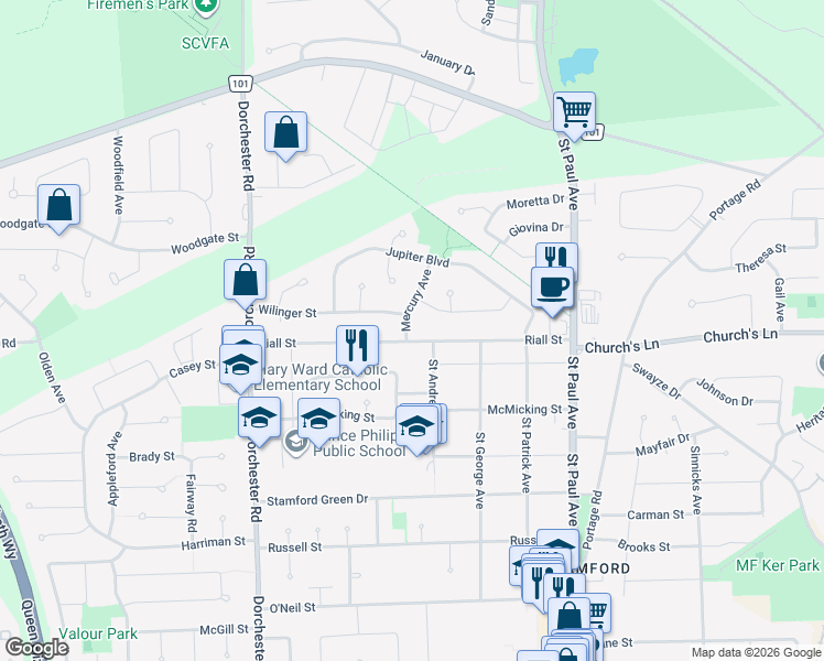map of restaurants, bars, coffee shops, grocery stores, and more near 6635 Riall Street in Niagara Falls