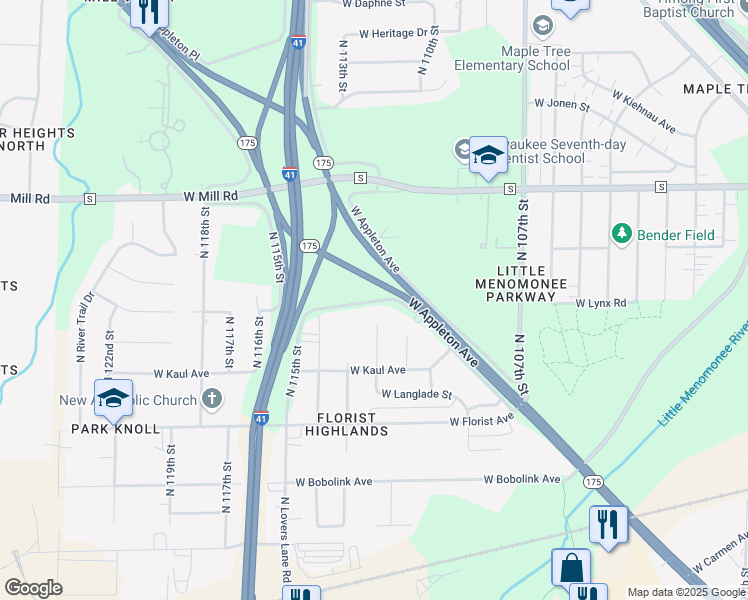 map of restaurants, bars, coffee shops, grocery stores, and more near 11049 W Appleton Ave in Milwaukee