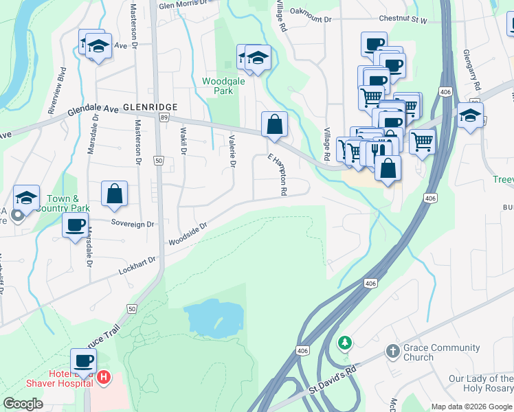 map of restaurants, bars, coffee shops, grocery stores, and more near 172 Woodside Drive in St. Catharines