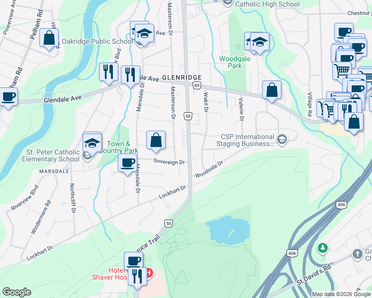map of restaurants, bars, coffee shops, grocery stores, and more near 368 Glenridge Avenue in St. Catharines