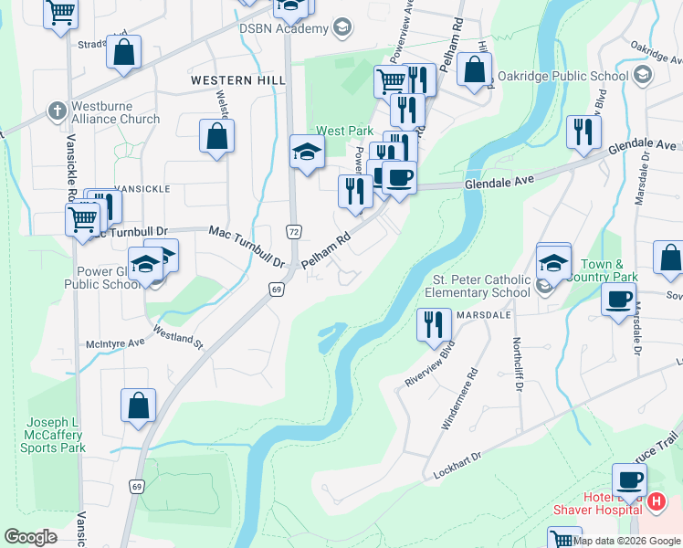 map of restaurants, bars, coffee shops, grocery stores, and more near 263 Pelham Road in St. Catharines