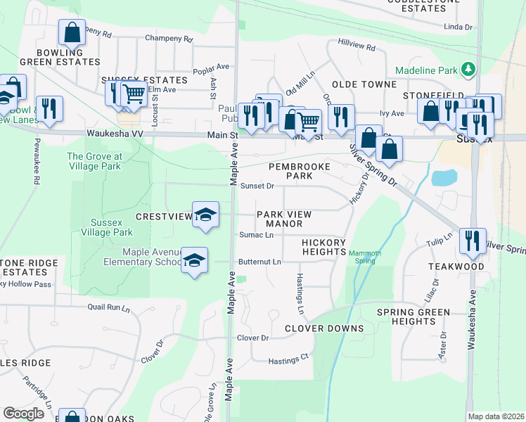 map of restaurants, bars, coffee shops, grocery stores, and more near W239N6246 Cedar Circle in Sussex