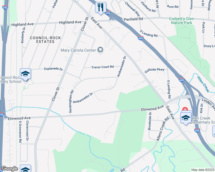 map of restaurants, bars, coffee shops, grocery stores, and more near 65 Sandringham Road in Rochester