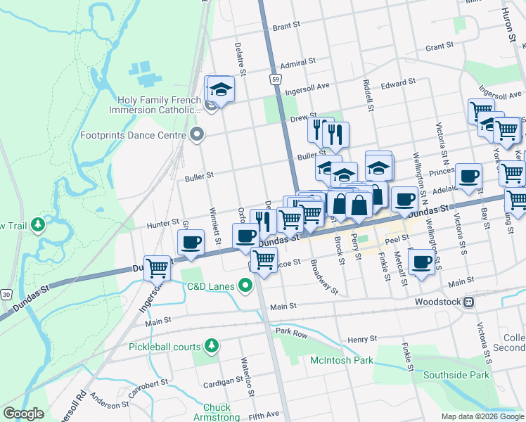 map of restaurants, bars, coffee shops, grocery stores, and more near 45 Delatre Street in Woodstock
