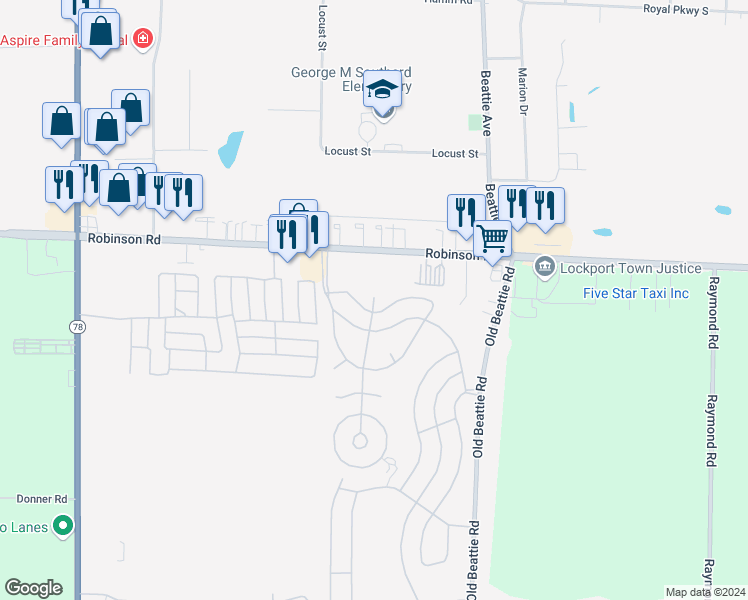 map of restaurants, bars, coffee shops, grocery stores, and more near 181 Ash Court in Lockport