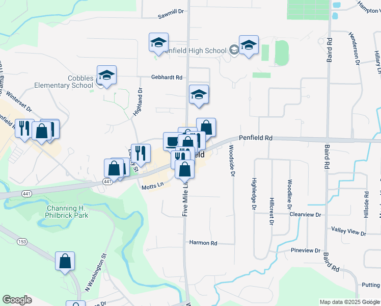 map of restaurants, bars, coffee shops, grocery stores, and more near in Penfield