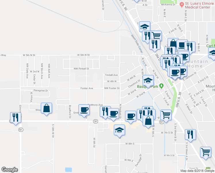 map of restaurants, bars, coffee shops, grocery stores, and more near 380 Northwest Foster Drive in Mountain Home