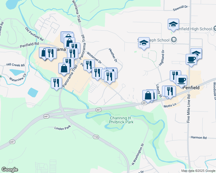 map of restaurants, bars, coffee shops, grocery stores, and more near 1683 Penfield Road in Rochester