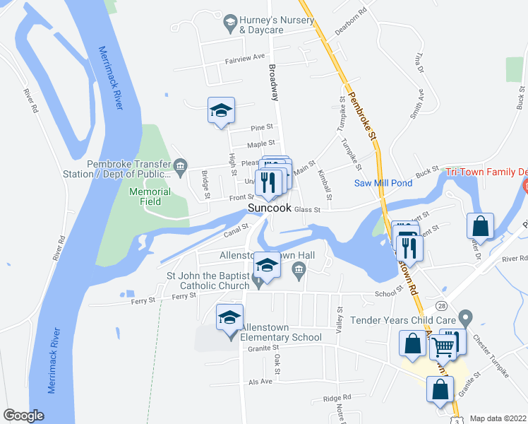 map of restaurants, bars, coffee shops, grocery stores, and more near 100 Main Street in Suncook
