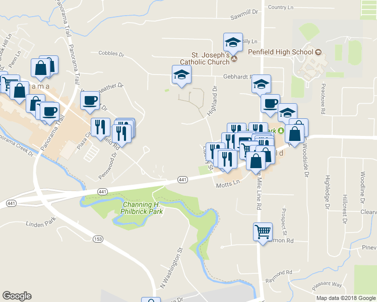 map of restaurants, bars, coffee shops, grocery stores, and more near 748 Liberty Street in Penfield