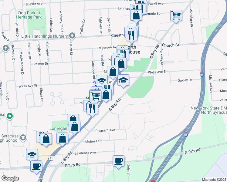map of restaurants, bars, coffee shops, grocery stores, and more near 414 South Main Street in North Syracuse