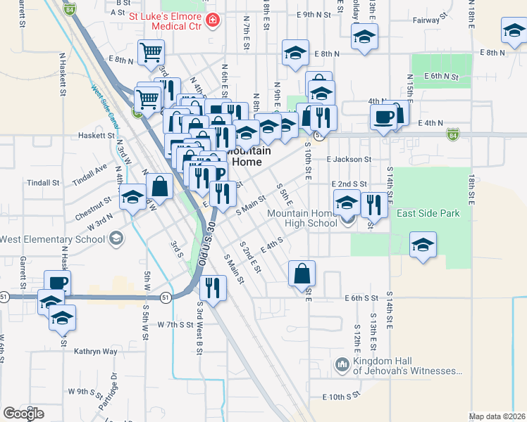 map of restaurants, bars, coffee shops, grocery stores, and more near 380 East 2nd South Street in Mountain Home